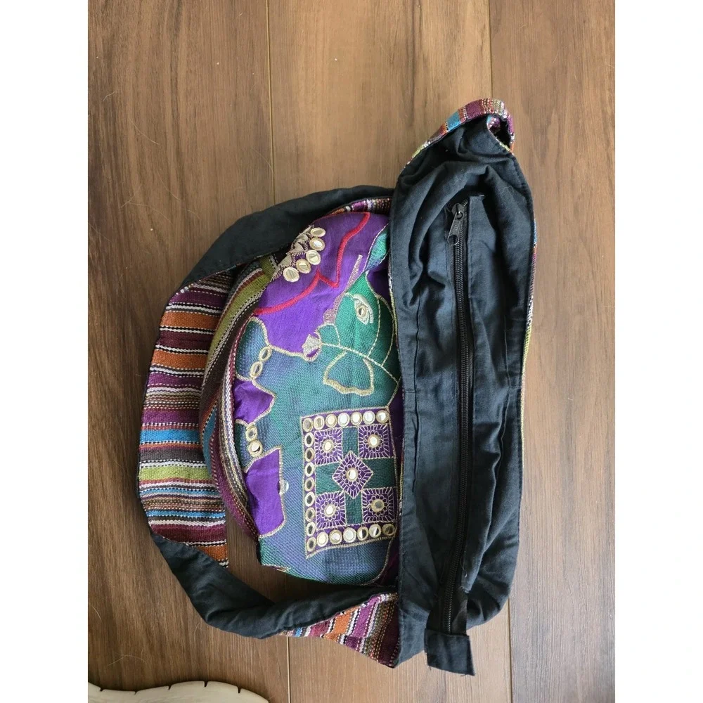 Boho Elephant Embroidered Cotton Hobo Bag Striped Crossbody Festival Purse India